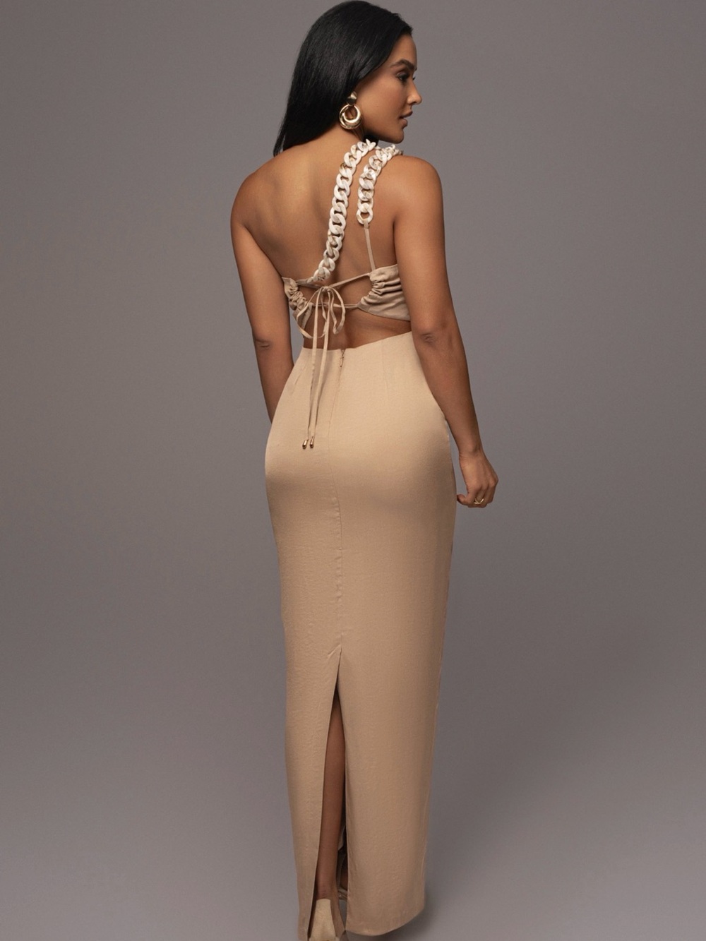 JLUXLABEL Taupe Maxi Dress with Chain Detail